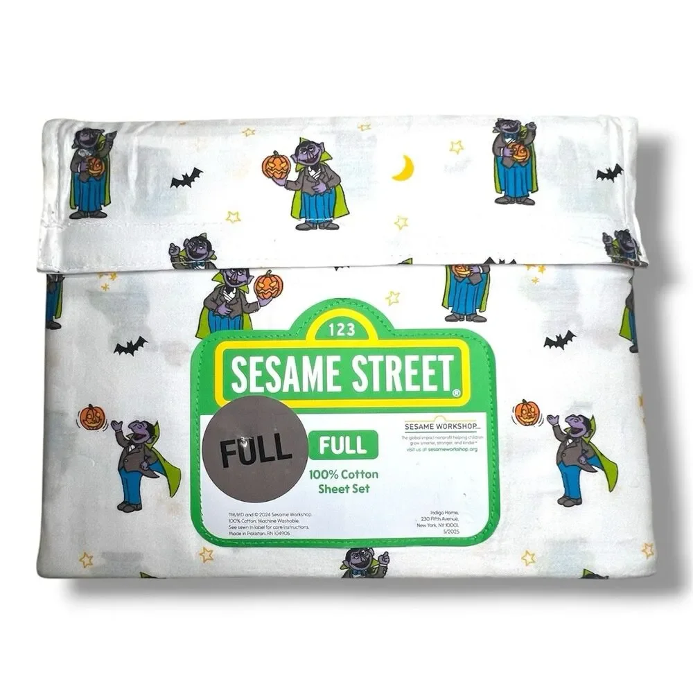 Sesame Street The Count Full Size Sheet Set Pumpkins Halloween 100% Cotton Bats